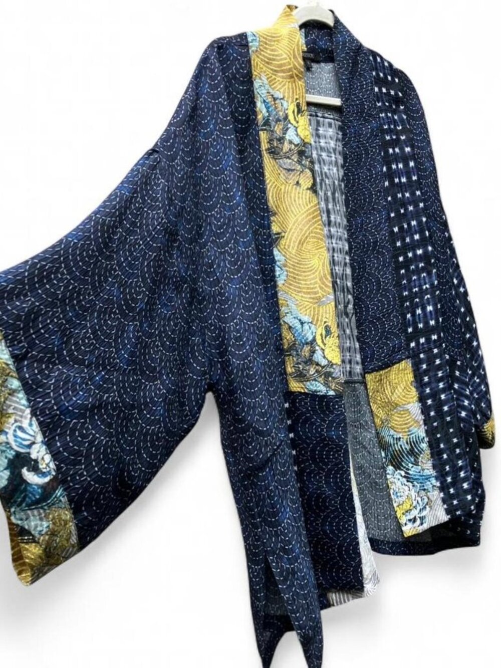 Dressori Silk Blend Artsy Boho Patchwork Open Front Cardigan Wide Sleeve Jacket
